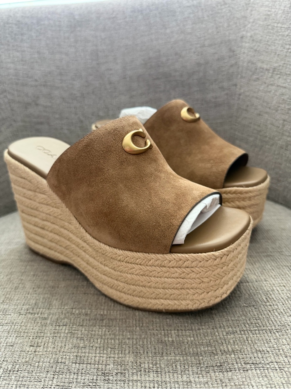 Coach size 7 Brown Suede Espadrille Platform Wedge Slides